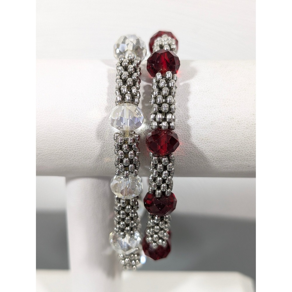 Set of 2 Red Clear Faceted Glass Beaded Bracelets Silver Tone 7"